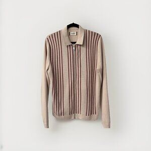 Farah Executive Model Beige Zip Up Sweater With Red Stripe Detail